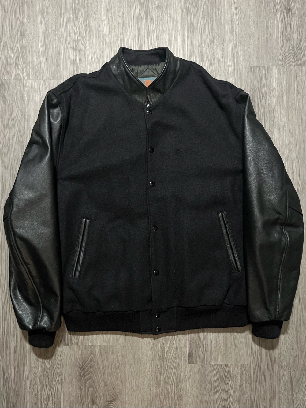 Vintage 90s leather wool snap button varsity bomber quilted jacket men’s XL 